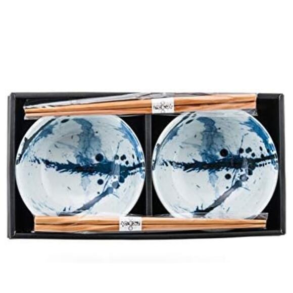 Ebros Blue Splash Paint Abstract Art Design Porcelain Bowls Bamboo Chopstick Set - Picture 4 of 4